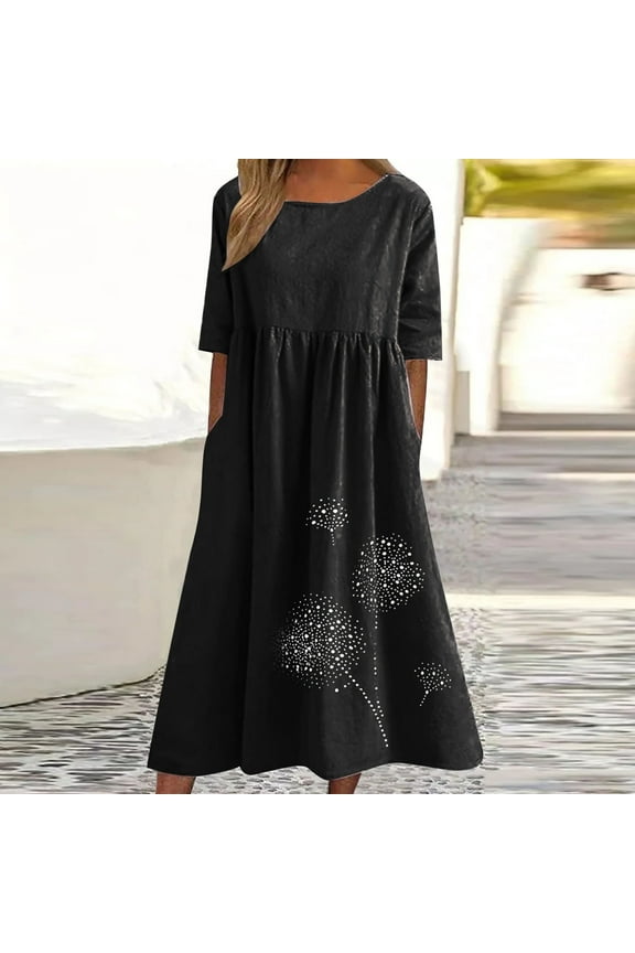 Summer Dresses for Women 2025 Sundress Crew Neck Casual Short Sleeve Sun Dresses Pockets Print Cotton Linen Long Midi Dresses for Women