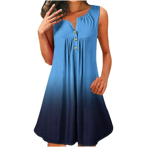 QUINDOS Summer Dresses for Women 2025 Sundress V-neck Casual Sleeveless Sun Dresses Button Gradient Color Pleated Mini Knee High Dresses for Women