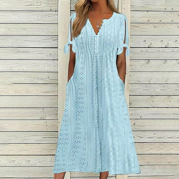 QUINDOS Summer Dresses for Women 2025 Sundress V-neck Short Sleeve Beach Sun Dresses Breathable Button Solid Color Long Midi Dresses for Women