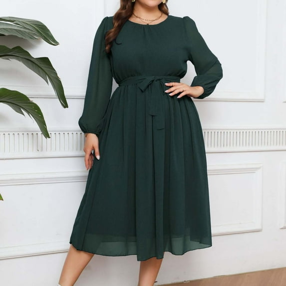 QUINDOS Summer Dresses for Women A-Line Party Crew Neck Long Sleeve Plus Size Dresses Flowy Solid Color Mesh Midi Long Dresses for Women