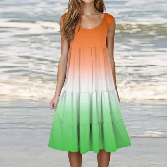 QUINDOS Summer Dresses for Women Beach Sundress Sleeveless Crew Neck Sun Dresses Tank Pleated Gradient Color Mini Knee Length Dresses for Women