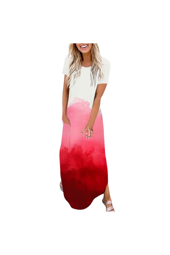 Summer Dresses for Women Casual Short Sleeve Crew Neck Sundress Sun Dresses Tie Dye Pockets Long Maxi Dresses for Women