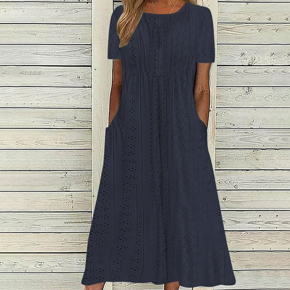 QUINDOS Summer Dresses for Women Casual Short Sleeve V-neck Sundress Sun Dresses Pockets Solid Color Midi Long Dresses for Women