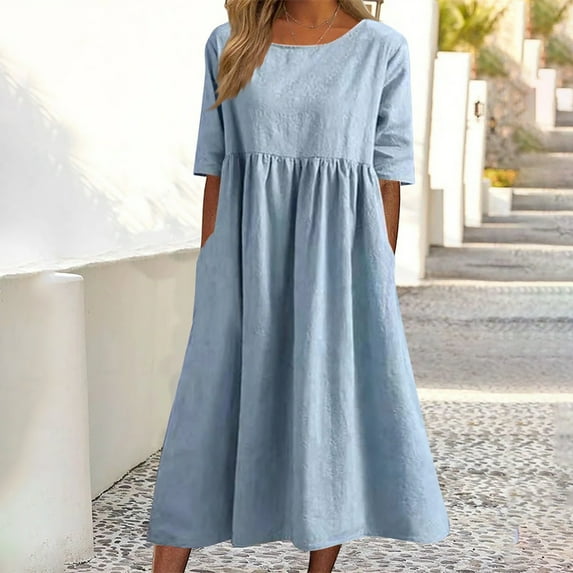 QUINDOS Summer Dresses for Women Casual Sundress Short Sleeve Crew Neck Plus Size Dresses Pleated Pockets Solid Color Midi Long Dresses for Women