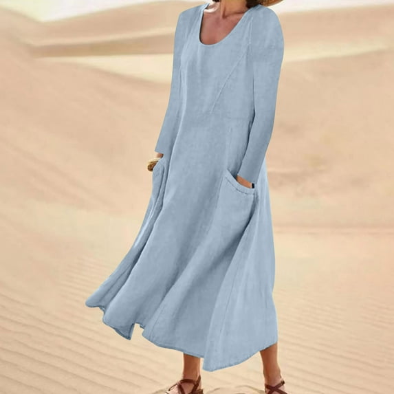 QUINDOS Summer Dresses for Women Crew Neck Long Sleeve Casual Sundress Sun Dresses Cotton Linen Solid Color Long Midi Dresses for Women