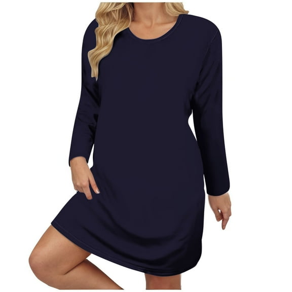 QUINDOS Summer Dresses for Women Crew Neck Long Sleeve Sundress Casual Plus Size Dresses Solid Color Mini Above Knee Dresses for Women
