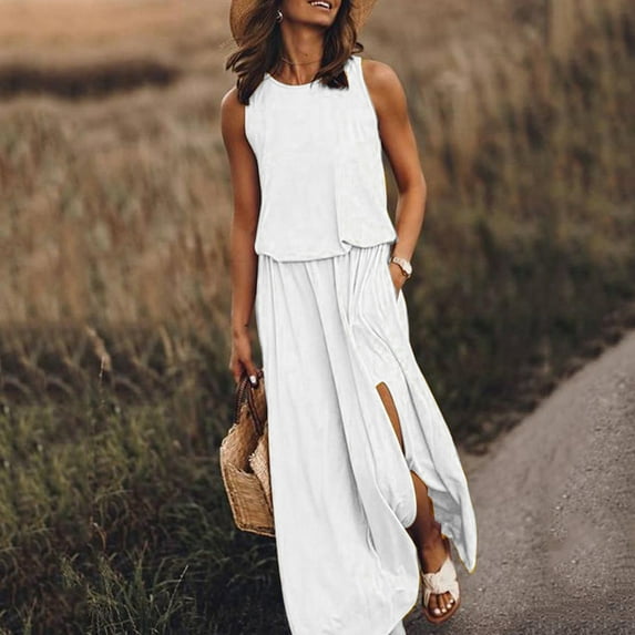 QUINDOS Summer Dresses for Women Crew Neck Sundress Casual Sleeveless Sun Dresses Fork Opening Pockets Solid Color Long Maxi Dresses for Women