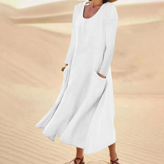 QUINDOS Summer Dresses for Women Long Sleeve Casual Sundress Crew Neck Sun Dresses Cotton Linen Solid Color Midi Long Dresses for Women