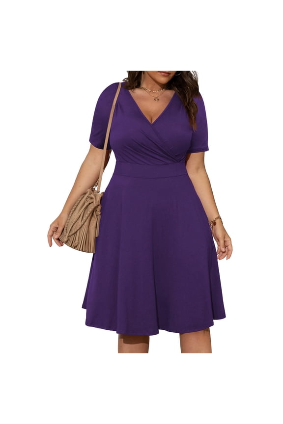 Summer Dresses for Women Short Sleeve Casual V-neck A-Line Plus Size Dresses Solid Color Boho Large Mini Knee Length Dresses for Women