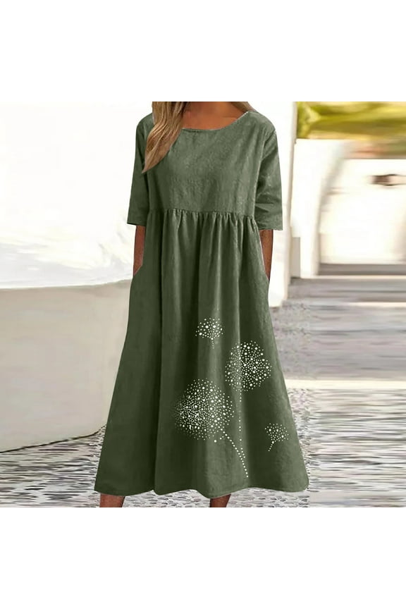 Summer Dresses for Women Short Sleeve Crew Neck Casual Sundress Sun Dresses Print Pockets Cotton Linen Midi Long Dresses for Women