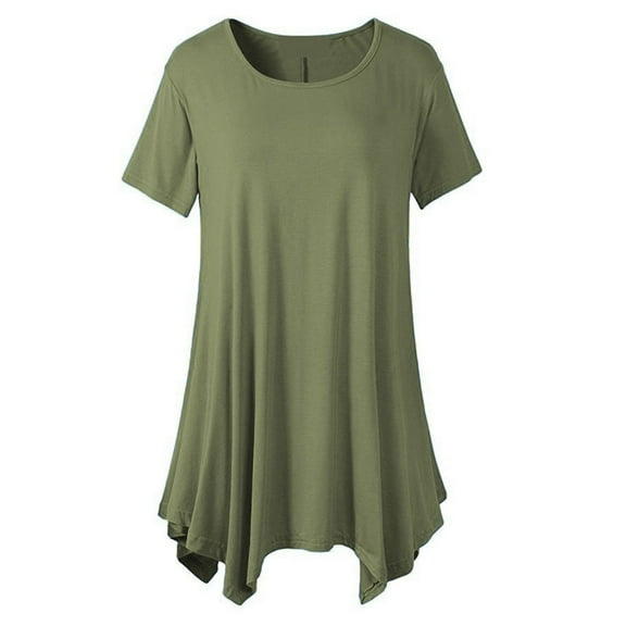 QUINDOS Summer Dresses for Women Short Sleeve Crew Neck Sundress Casual Sun Dresses Pleated Solid Color Knee Length Mini Dresses for Women