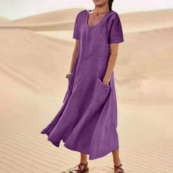 QUINDOS Summer Dresses for Women Short Sleeve Sundress Crew Neck Casual Sun Dresses Cotton Linen Solid Color Pockets Long Midi Dresses for Women