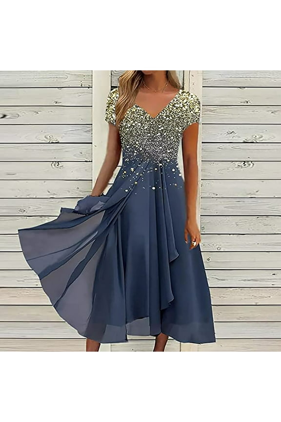 Summer Dresses for Women Short Sleeve V-neck A-Line Formal Evening Dress Flowy Sequin Chiffon Long Midi Dresses for Women