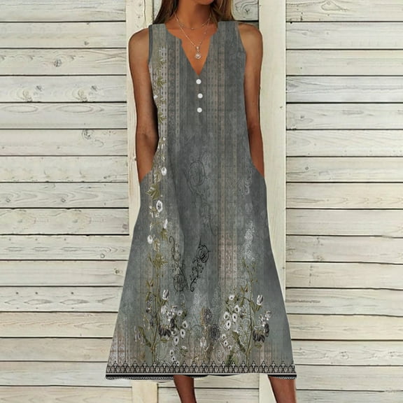 QUINDOS Summer Dresses for Women Sleeveless Sundress V-neck Casual Sun Dresses Pockets Print Tank Midi Long Dresses for Women