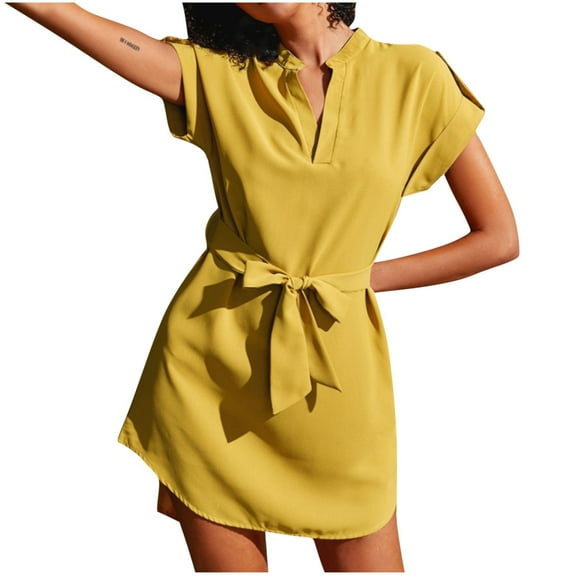 QUINDOS Summer Dresses for Women Sundress Casual V-neck Short Sleeve Sun Dresses Solid Color Slim Waist Tie Mini Short Dresses for Women