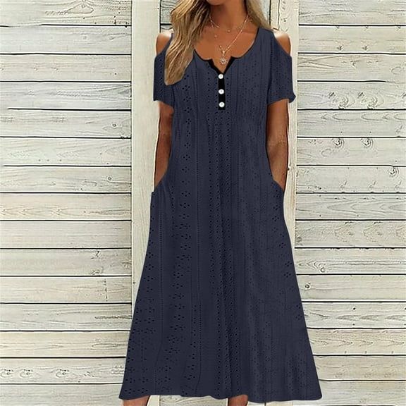 QUINDOS Summer Dresses for Women Sundress V-neck Short Sleeve Casual Sun Dresses Button Pockets Solid Color Long Midi Dresses for Women