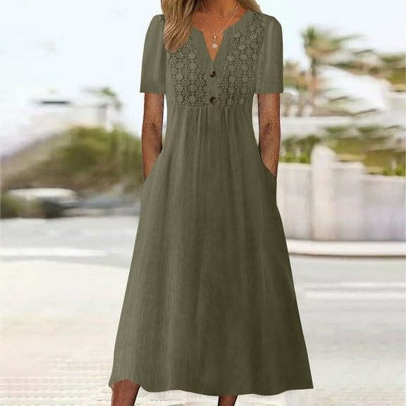 QUINDOS Summer Dresses for Women V-neck Casual Sundress Short Sleeve Sun Dresses Solid Color Loose Cotton Linen Long Mini Dresses for Women