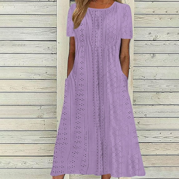 QUINDOS Summer Dresses for Women V-neck Short Sleeve Casual Sundress Sun Dresses Pockets Solid Color Long Midi Dresses for Women