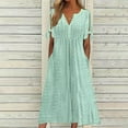 thumbnail image 1 of QUINDOS Summer Dresses for Women V-neck Sundress Beach Short Sleeve Sun Dresses Solid Color Breathable Button Midi Long Dresses for Women, 1 of 6