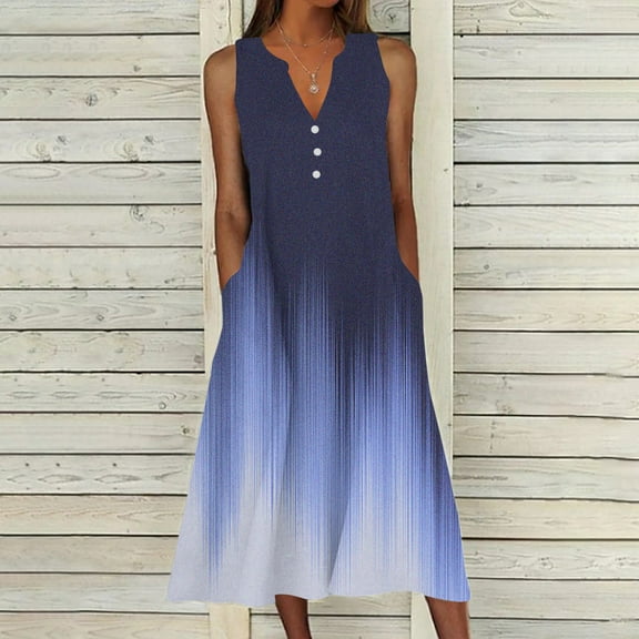 QUINDOS Summer Dresses for Women V-neck Sundress Sleeveless Casual Plus Size Dresses Tie Dye Tank Pockets Midi Long Dresses for Women