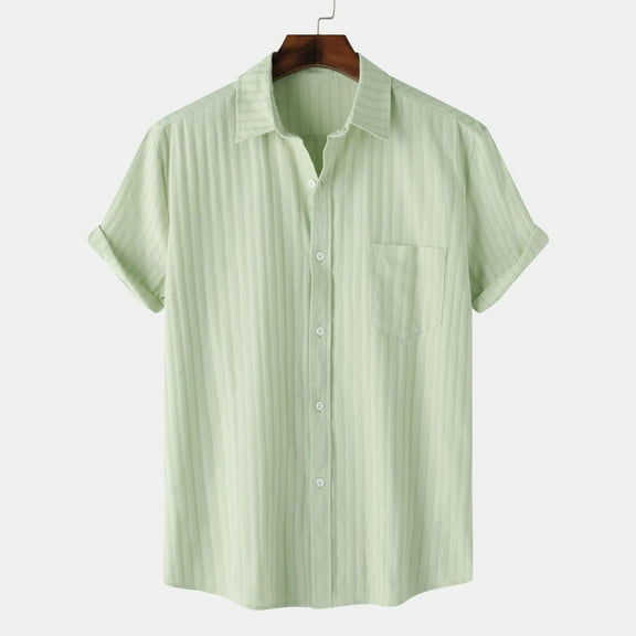 QUINDOS Summer Hawaii Shirts for Men Button Down Cotton Casual Short Sleeve Shirts Beach Solid Vacation Loose Shirts