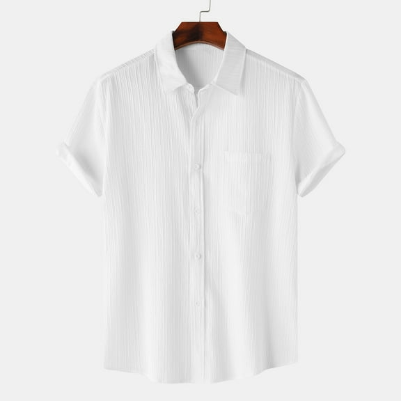 QUINDOS Summer Hawaiian Shirts Men Casual Short Sleeve Cotton Button up Shirts Solid Vacation Beach Loose Fit Shirts