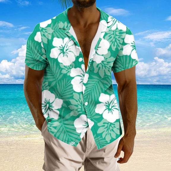 QUINDOS Summer Hawaiian Shirts for Men Button up Casual Short Sleeve Shirts Vacation Loose Fit Floral Print Beach Shirts