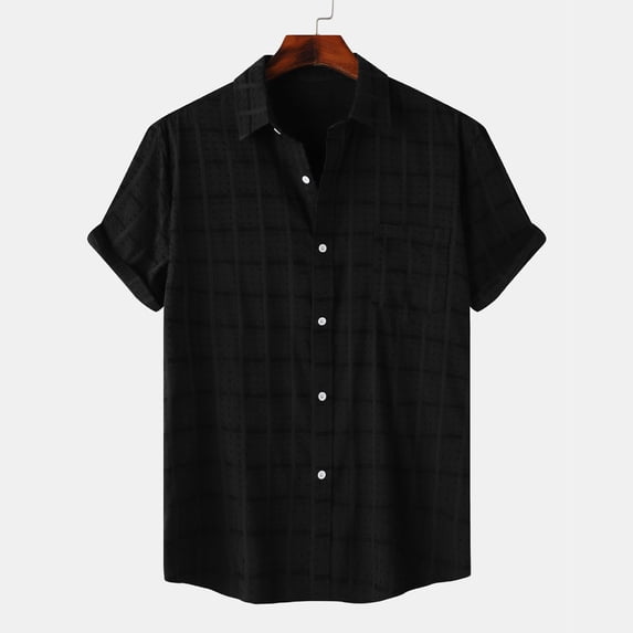 QUINDOS Summer Mens Hawaiian Shirt Button Down Cotton Short Sleeve Casual Shirts Solid Vacation Beach Loose Shirts