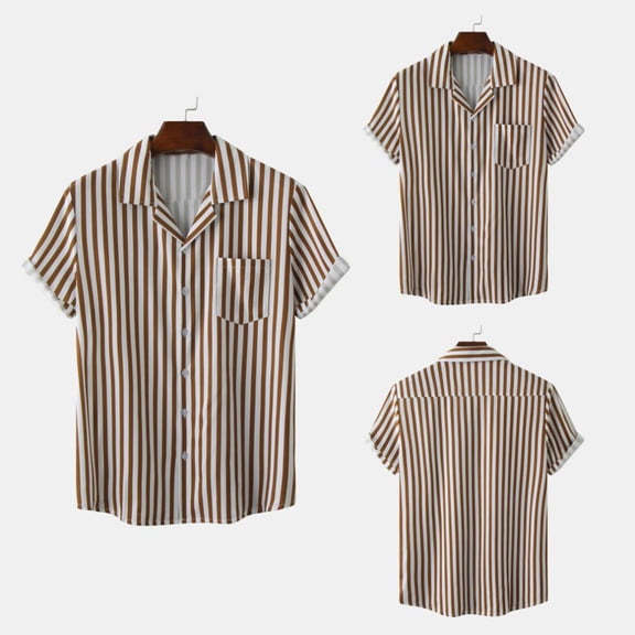 QUINDOS Summer Mens Hawaiian Shirt with Pocket Casual Short Sleeve Button Down Shirts Vacation Striped Loose Beach Shirts