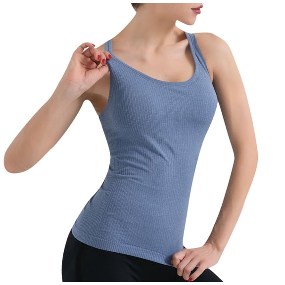 QUINDOS Summer Shirts for Women Blue Sports New Nude Yoga Tops Tank Tops With Chest Cushion Beautiful BackTight And Long Fitness Sports Tank Top Tank Tops for Women