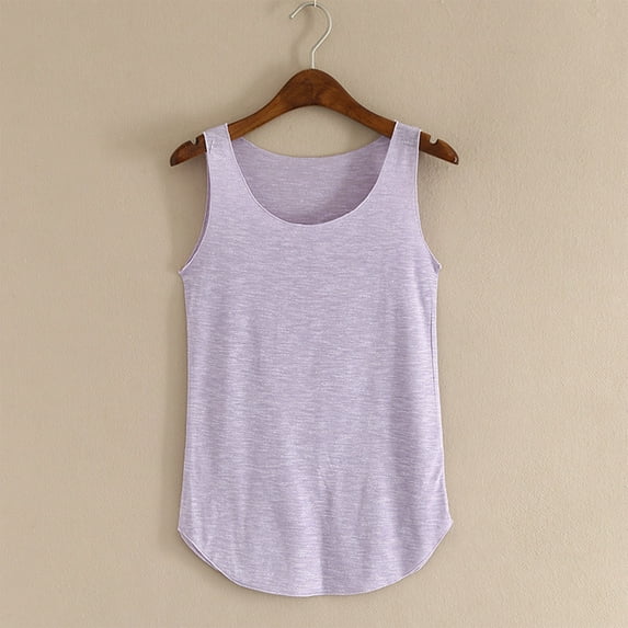 QUINDOS Summer Shirts for Women Sports Cotton Purple Solid Color Round Neck Sleeveless Bottom Shirt Versatile Solid Color Round Neck Tank Tops for Women