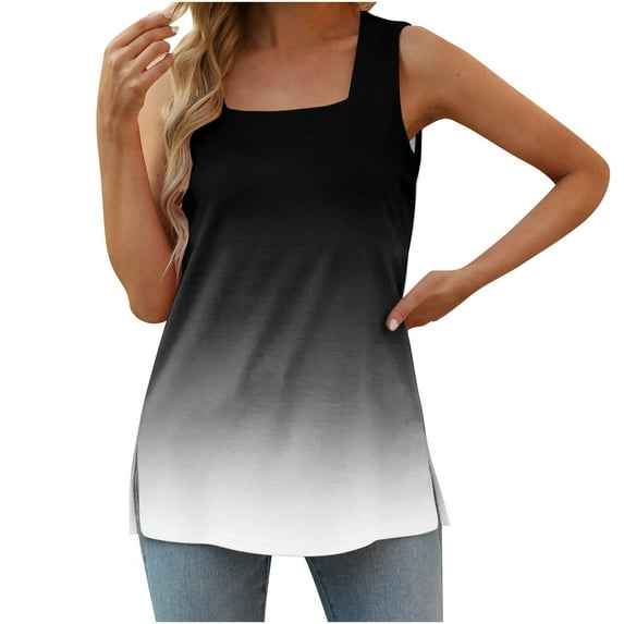 QUINDOS Summer Shirts for Women Black Sports Fashion Printed Vest Loose Sleeveless T-shirt Pullover Tops Tank Tops for Women
