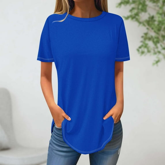 QUINDOS Summer Shirts for Women Blue Short Sleeve Tunic Womes Plus Size Tops Trip Solid Crew Neck Tops