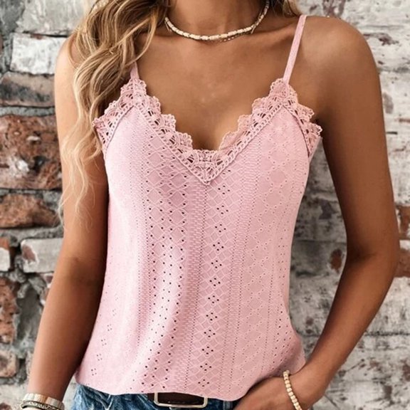 QUINDOS Summer Shirts for Women Pink Sports Fashion Sleeveless Color V-Neck Blouse Tank Tops for Women