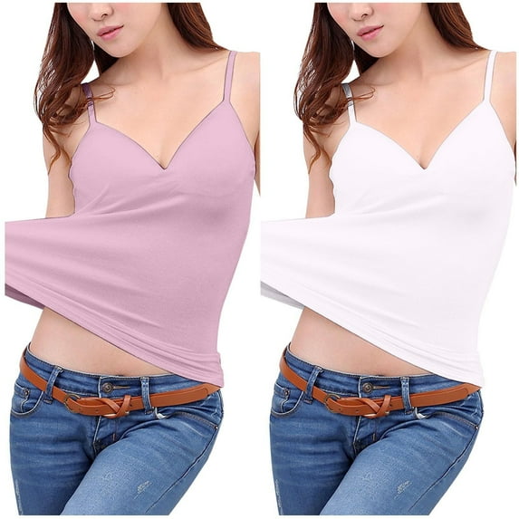 QUINDOS Summer Tank Tops for Women 2 Pack Athletic with Built in Bras Removable Camisoles for Women Yoga V-Neck Spaghetti Strap Sleeveless Multi Pack Shirts Tops Solid Color Slim Fitted Undershirts