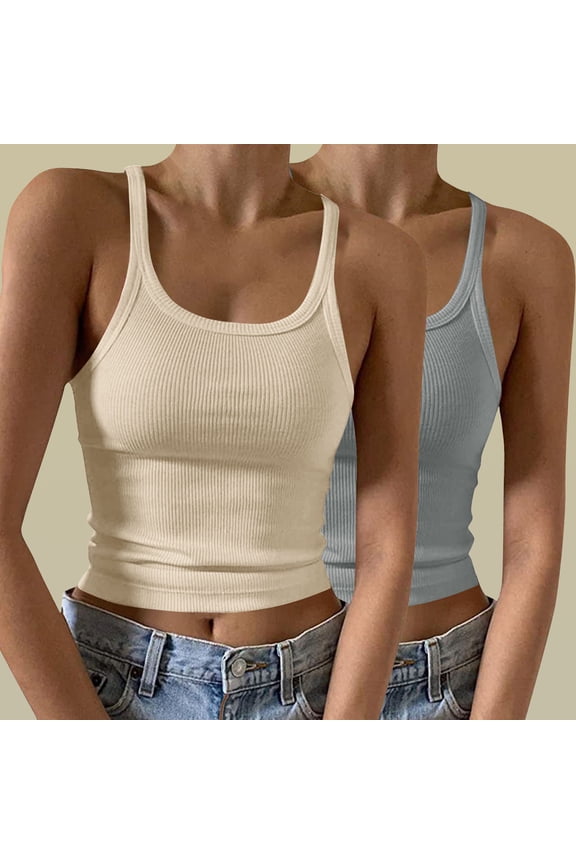 Summer Tank Tops for Women 2 Pack Ribbed Athletic Camisoles for Women Multi Pack Gym Sleeveless Crew Neck Spaghetti Strap Cami Tops Slim Fitted Solid Color Undershirts