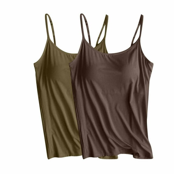 QUINDOS Summer Tank Tops for Women with Built in Bras Athletic 2 Pack Camisoles for Women Plus Crew Neck Multi Pack Running Spaghetti Strap Sleeveless Cami Tops Solid Color Undershirts