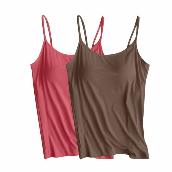 QUINDOS Summer Tank Tops for Women with Built in Bras Athletic 2 Pack Camisoles for Women Yoga Crew Neck Sleeveless Spaghetti Strap Multi Pack Shirts Tops Solid Color Undershirts