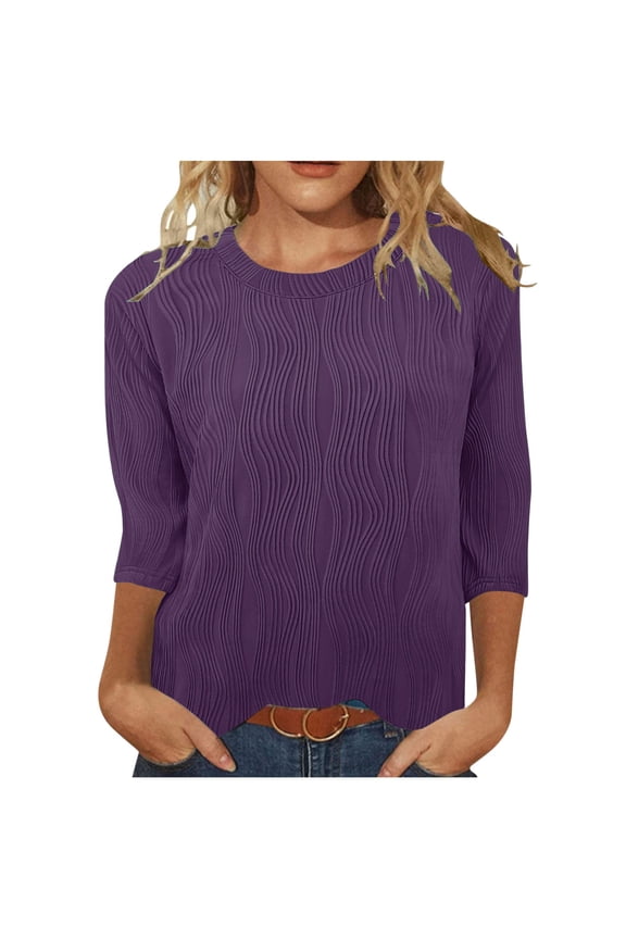 Summer Womens Plus Tshirts Purple 3/4 Sleeve Womes Plus Size Tops Holiday Wave Crew Neck Solid Tops