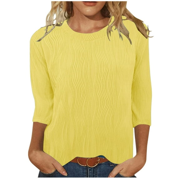 QUINDOS Summer Womens T Shirt 3/4 Sleeve Yellow Women Tops Crew Neck Wave Solid Loose Tops