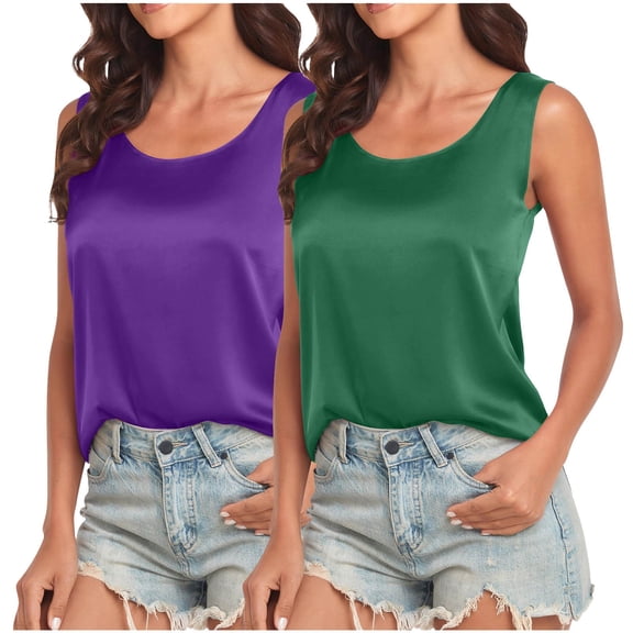 QUINDOS Summer Womens Tank Tops 2 Pack Casual Womens Camisoles MultiPack Crew Neck Sleeveless Strap Shirts Tops Solid Color Loose Fit Undershirts