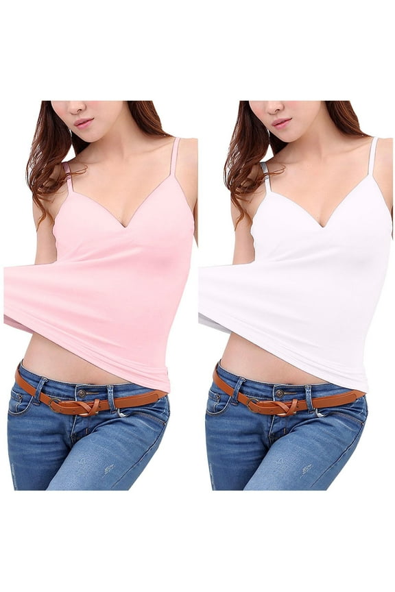 Summer Womens Tank Tops Athletic with Built in Bras Removable 2 Pack Camisoles for Women Pack Sleeveless Spaghetti Strap MultiPack V-Neck Workout Cami Shirts Solid Color Undershirts