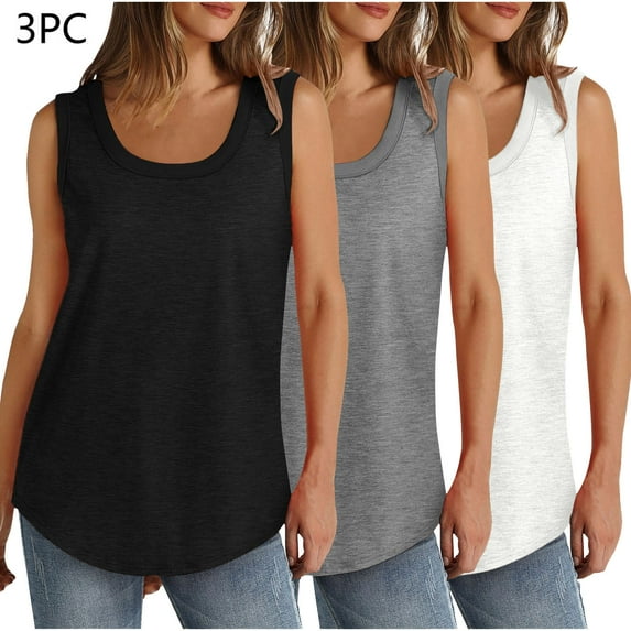 QUINDOS Summer Womens Tank Tops Casual Plus Size 3 Pack Camisoles for Women Pack Everyday Square Neck Strap MultiPack Sleeveless Cami Tops Solid Color Long Loose Fit Undershirts