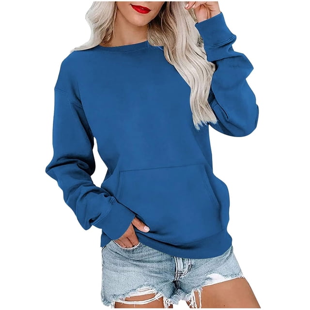 QUINDOS Sweatshirt for Women Tunic Winter Solid Color with Pockets Crew Neck Long Sleeve Pullover Tops