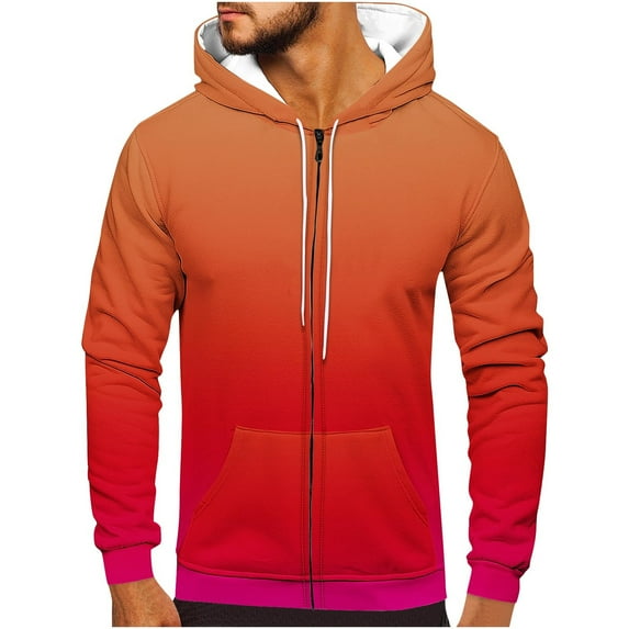 QUINDOS Sweatshirts for Men Kangaroo Pocket Gradient Color Full Zip Hoodies for Men with Words Long Sleeve Casual Pullover Tops Kangaroo Pocket