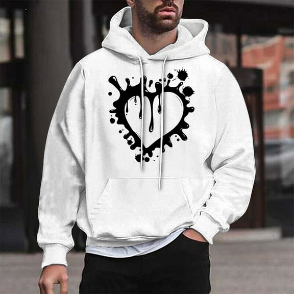 QUINDOS Sweatshirts for Men Los Angeles Heart Graphic Hoodies for Men Oversize Long Sleeve Casual Pullover Tops Kangaroo Pocket