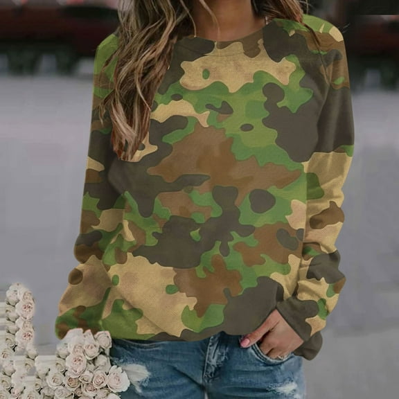 QUINDOS Sweatshirts for Women Winter Camouflage Long Sleeve Crew Neck Pullover Sweatshirt