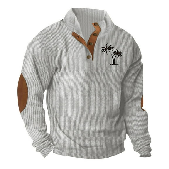 QUINDOS T Shirts for Men,Men's Fall And Winter Fashion Casual Cotton Cocoa Palm Print Sports Stand up Collar Button Patchwork Long Sleeve Pullover Sweat Loose Outdoor Tee Shirts