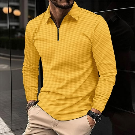QUINDOS T Shirts for Men,Mens Fall And Winter Fashion Casual Solid Color Long Sleeved Zipper Striped Lapel Long Sleeve Turndown Collar Comfy Outdoor T-shirt