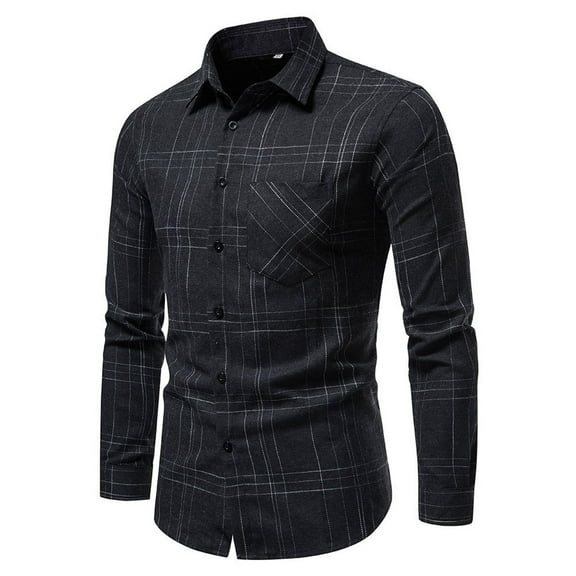 QUINDOS T Shirts for Men,Mens Fall And Winter Fashion Casual Long-sleeved Lapel Plus Plaid Business Long Sleeve Turndown Collar Loose Outdoor Tee Shirts